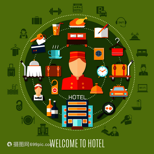 欢迎来酒店圆形与平图标成像移住宿餐厅服务矢量插图欢迎来酒店圆形布景